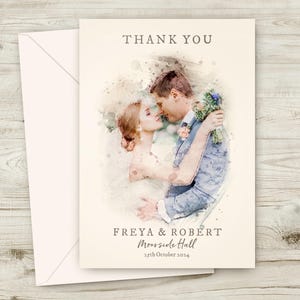 Illustration de mariage personnalisée de style aquarelle, cartes de remerciement, carte de remerciement photo, image de lieu de réception personnalisée personnalisée