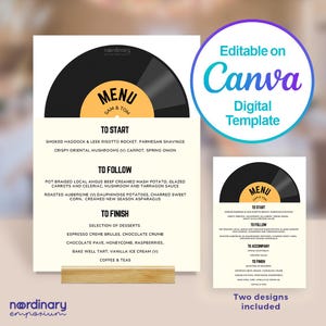 Vinyl-Tischmenüs, Canva bearbeitbare digitale Vorlage, Hochzeitstisch-Speisekarte, Getränkekarte, Schallplatte Musikthema Retro Rock Disco