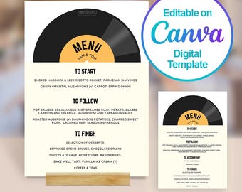Vinyl Table Menus, Canva Editable Digital Template, Wedding Table Food Menus, Drink Menu Signs, Vinyl Record Music Theme Retro Rock Disco