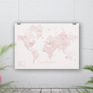 Pink Push Pin World Map, Personalised Watercolour Look Pin Board, Rose Detailed World Map, Traveller Couple Gift, Bucket list, Custom Made