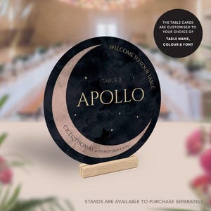 Moon Stars Table Names, Celestial Theme Wedding Table Numbers, Crescent Moon, Astronomy Galaxy Night Sky Groovy Nuptials Navy Round