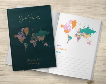 May include: A teal green travel journal with a gold inscription that reads "Our Travels". The cover features a world map with countries colored in shades of pink, orange, green, and brown. The text "Places we've been and want to go" is written in gold at the bottom of the cover.