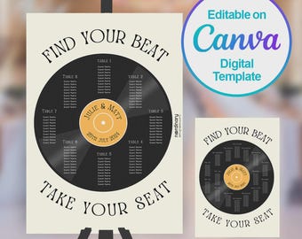 May include: A wedding seating chart template featuring a black vinyl record graphic on a cream background. The text reads "FIND YOUR BEAT" and "TAKE YOUR SEAT" with a central label "JULIE & MATT 25TH JULY 2024". Includes table numbers and guest name placeholders.