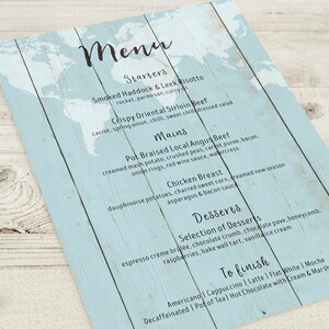 Blue Wedding Menus, Travel Theme Menu, World Map Menu, Rustic Wedding Decor, Boho Menu, Vintage Wedding Stationery, Destination Wedding Menu image 2