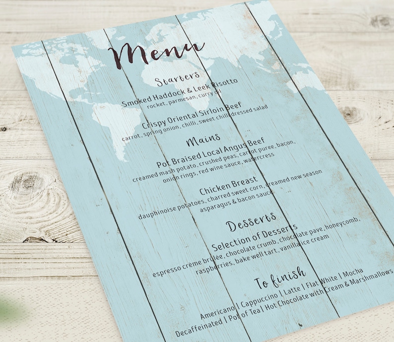 Blue Wedding Menus, Travel Theme Menu, World Map Menu, Rustic Wedding Decor, Boho Menu, Vintage Wedding Stationery, Destination Wedding Menu image 2