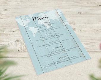 Blue Wedding Menus, Travel Theme Menu, World Map Menu, Rustic Wedding Decor, Boho Menu, Vintage Wedding Stationery, Destination Wedding Menu