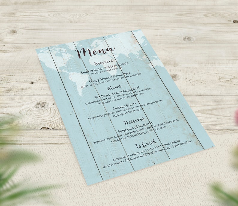 Blue Wedding Menus, Travel Theme Menu, World Map Menu, Rustic Wedding Decor, Boho Menu, Vintage Wedding Stationery, Destination Wedding Menu image 1