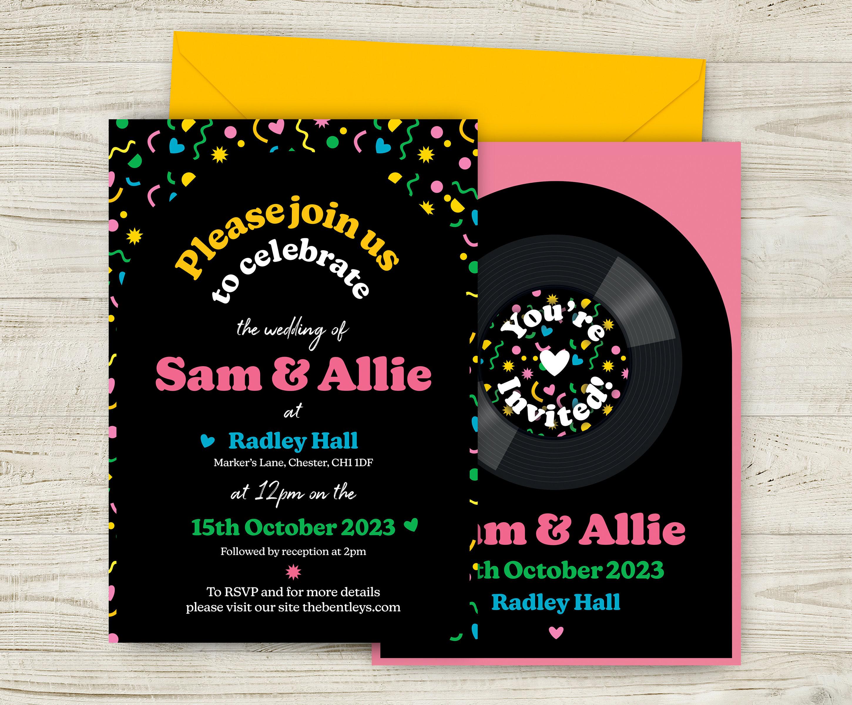 1980's Retro Wedding Invitations, Bright Colourful Invites