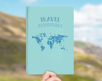 May include: A light blue travel journal with the text "TRAVEL ADVENTURES" and a hand-drawn world map.