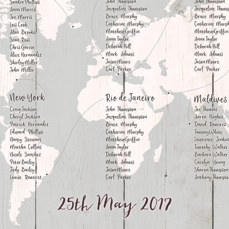 Travel Wedding Seating Chart Print, Wood Look Style, Travel Theme Wedding, Wedding Stationery, World Map Table Plan, Travel Theme Decor image 3