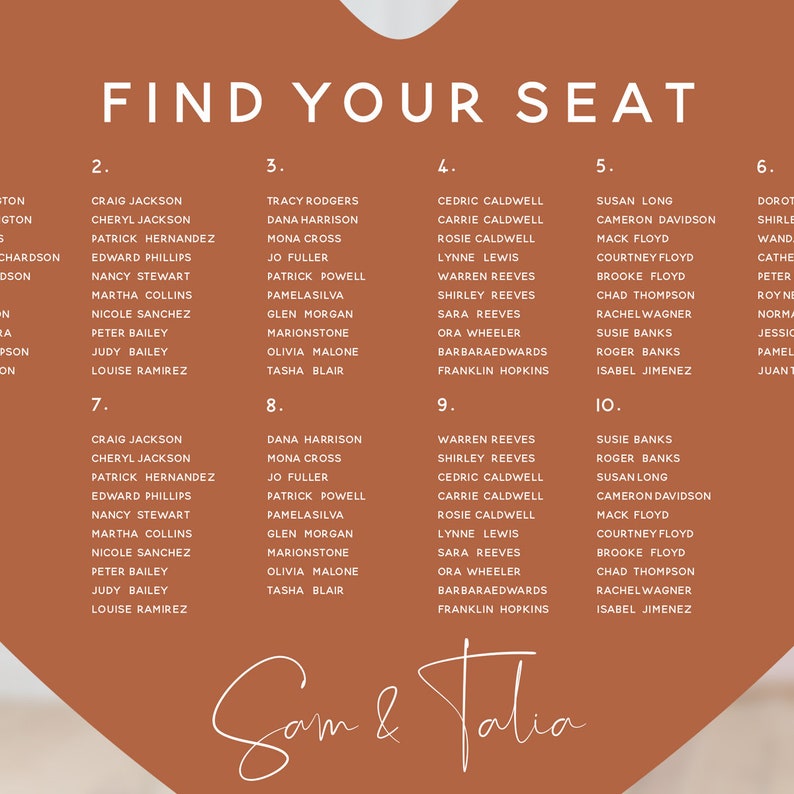 Orange Heart Seating Chart, Quirky Romantic Table Plan, Love Heart Cut Out, Foam Board Sign, Unique Wedding Day Stationery Personalised Custom Made