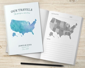 US Map Travel Notebook, USA Road Trip Journal, United States Vacation Planner, Personalised America Bucket List Book, Couple Gift, Holiday