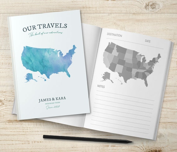 Cuaderno de viaje de mapas de EE. UU., Diario de viaje por carretera de EE.  UU., Planificador de vacaciones de Estados Unidos, Libro personalizado de