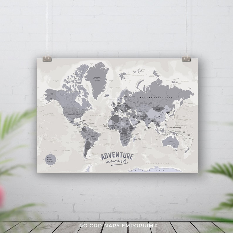 Adventure Awaits Push Pin World Map, Size A2 Detailed World Pin Board, Places Been, Traveller Birthday Gift, Bucket List Adventures Wall Art image 1
