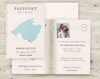 Passport Wedding Invitation Mallorca, Any Country Destination Wedding Invites, Wedding Abroad Travel Wedding Invitations Plane Flight Invite