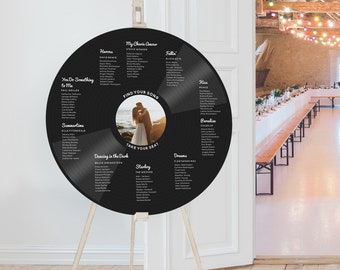 Record Seating Chart With Photo, Music Theme Wedding, Record Table Plan, Vinyl Style Round Board, Unique Wedding Decor, No Ordinary Emporium