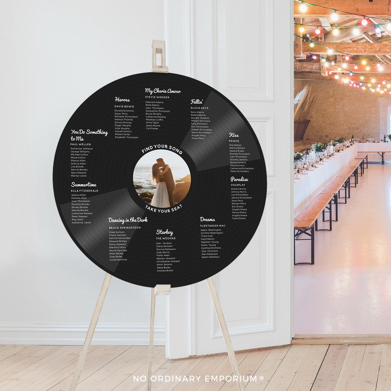 Record Seating Chart With Photo, Music Theme Wedding, Record Table Plan, Vinyl Style Round Board, Unique Wedding Decor, No Ordinary Emporium image 1