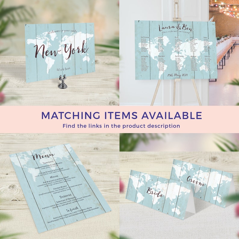 Blue Wedding Menus, Travel Theme Menu, World Map Menu, Rustic Wedding Decor, Boho Menu, Vintage Wedding Stationery, Destination Wedding Menu Bild 5