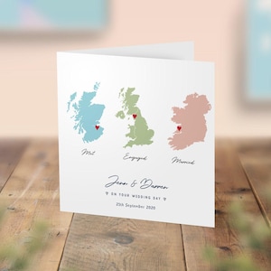 Carte de fiançailles personnalisée de trois cartes, carte de mariage à destination, carte de mariage de fiançailles rencontré, carte de localisation spéciale, contour de n'importe quel pays