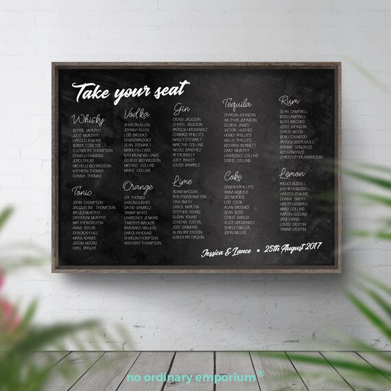 Drink Theme Wedding Seating Chart, Whisky Theme Table Plan, Gin Themed Wedding, Cocktail Bar Drinks Vodka Tequilla Rum
