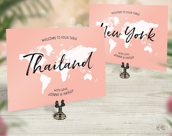 Travel Wedding Decor, World Travel Theme, Travel Table Names, Travel Theme Wedding, Table Cards, Wedding Table Numbers, Map Table Name Ideas