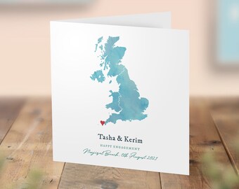 Personalised Engagement Card, Wedding Location Card With Map, Honeymoon Destination Wedding Anniversary Cards, Special Location Heart Card