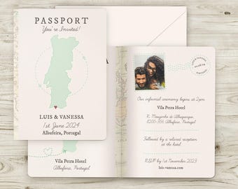 Passport Wedding Invitation Portugal, Any Country Destination Wedding Invites, Wedding Abroad Travel Wedding Invitations Plane Flight Invite