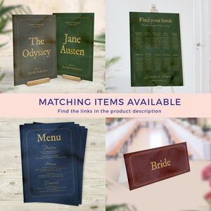 May include: A set of wedding stationery with a literary theme. The table cards feature book titles like "The Odyssey" and "Jane Austen". The seating chart is a green card with gold lettering and the text "Find your book". The menu is a blue card with gold lettering and the text "Menu". The bride's table card is a red card with gold lettering and the text "Bride".