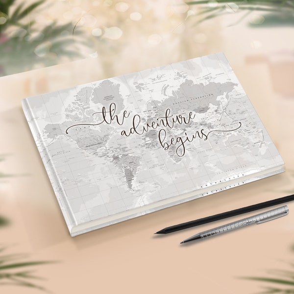 The Adventure Begins, Travel Guest Book, Grey World Guestbook, Travel Theme Wedding, Silver Map Guestbook, Birthday, Engagement, Signature