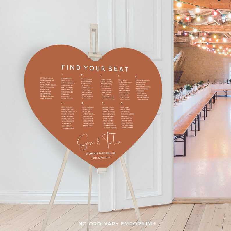 Orange Heart Seating Chart, Quirky Romantic Table Plan, Love Heart Cut Out, Foam Board Sign, Unique Wedding Day Stationery Personalised Custom Made
