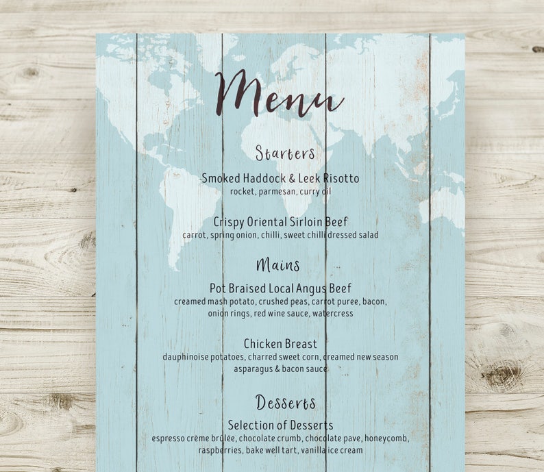 Blue Wedding Menus, Travel Theme Menu, World Map Menu, Rustic Wedding Decor, Boho Menu, Vintage Wedding Stationery, Destination Wedding Menu Bild 3