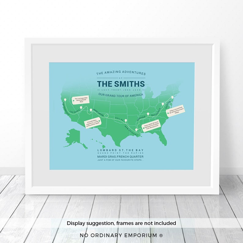 Personalised America Map, Custom USA Travel Map Print, USA Map Print, Places We've Been, Places Travelled, Where We've Been, First Met image 1