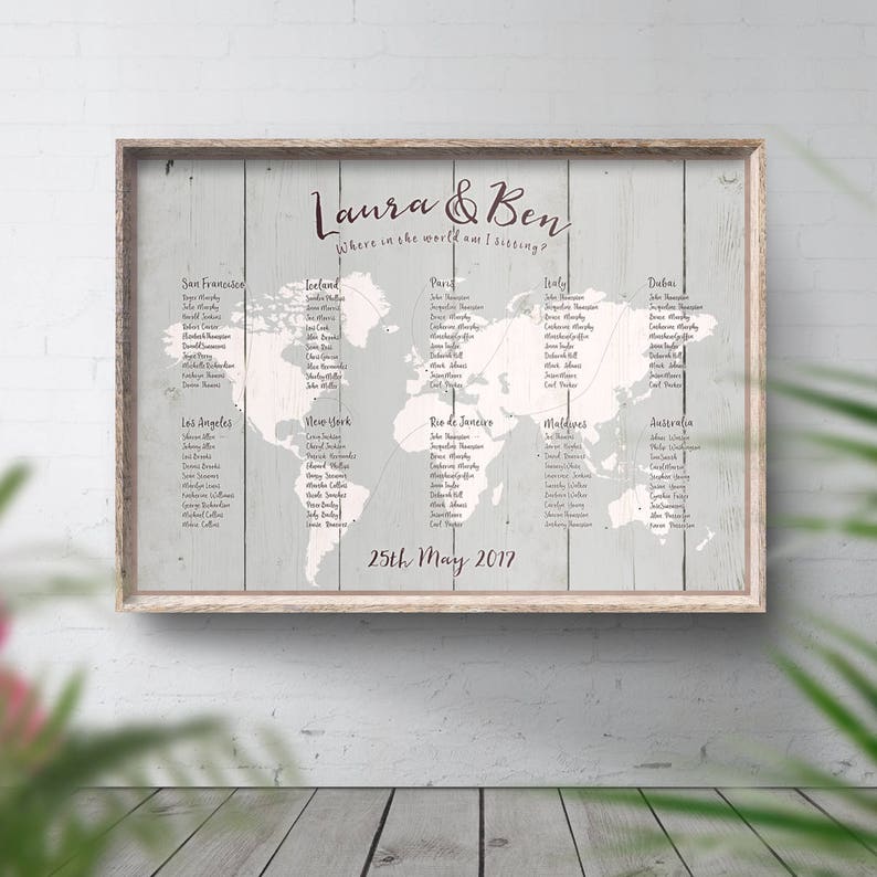 Travel Wedding Seating Chart Print, Wood Look Style, Travel Theme Wedding, Wedding Stationery, World Map Table Plan, Travel Theme Decor image 1