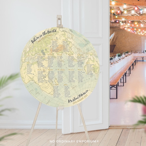 Globe Seating Chart, Flat Circular Map Table Plan, World Travel Theme Wedding, Where in the World Are You Sitting, Unique Wedding Decor