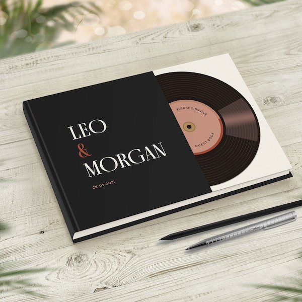 Music Theme Wedding Guest Book, Festival Wedding Guestbook, Song Track Dance Sign-in book, Vinyl-Style Record, Unique Wedding Decor