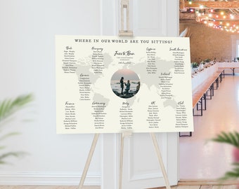 Proposal Photo World Map Seating Chart Board, Travel Theme Table Plan, Where in the World Are You Sitting, Wedding Arrangement, Destination