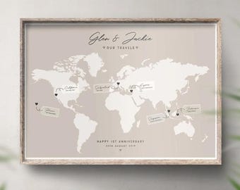Personalised Journey Map, Anniversary Gift, Our Travels World Print, Couples Travel Gift, Places We've Been Honeymoon Visited Bucket List