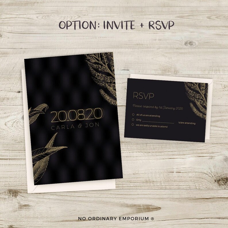 Black and Gold Wedding Invites, Winter Wedding Invitations, Elegant Cocktail Wedding, Classic, Formal Occasion, Personalised, Customisable image 5