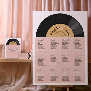 Ensemble de papeterie pour mariage, disque, thème musical : cartes de nom de table, marque-places pour invités, plan de la table, vinyle rétro rock disco des années 70, 80s soul funk