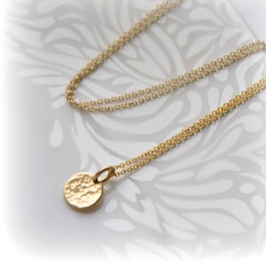 May include: A gold necklace with a hammered, round pendant. The necklace is made of two delicate chains.