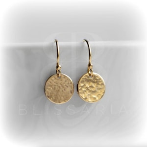 Hammered Gold Disc Earrings, Birthday Gift for Her, 14k Gold Fill Earrings, Tiny Gold Dangle Earrings, Handmade in England Drop Earring