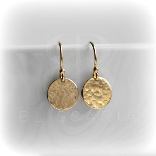 Hammered Gold Disc Earrings, Birthday Gift for Her, 14k Gold Fill Earrings, Tiny Gold Dangle Earrings, Handmade in England Drop Earring