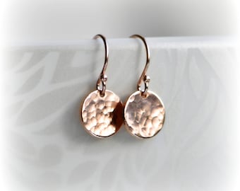 Rose Gold Earrings, Tiny Hammered Rose Gold Disc Earrings, Bridesmaid Earrings, Minimalist Dangle Earrings handmade Gift for Her Blissaria