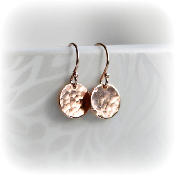 Rose Gold Earrings, Tiny Hammered Rose Gold Disc Earrings, Bridesmaid Earrings, Minimalist Dangle Earrings handmade Gift for Her Blissaria