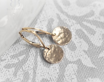 Hammered 14k Gold Fill Leverback Earrings: Small Disc Dangle