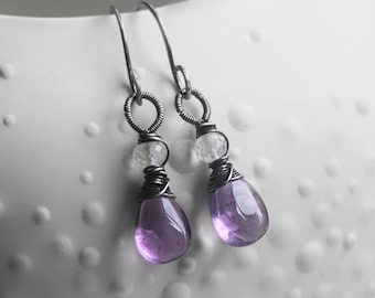 Amethyst & Moonstone Dangle Earrings, Handmade Gemstone Earrings wire wrapped in Oxidised Sterling Silver, Perfect Gift for Wife