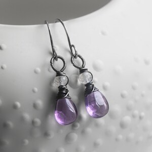 Amethyst & Moonstone Dangle Earrings, Handmade Gemstone Earrings wire wrapped in Oxidised Sterling Silver, Perfect Gift for Wife image 1