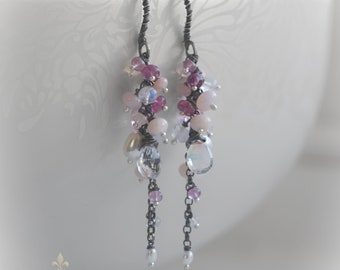 Pink Tourmaline Gemstone Tassel Earrings, Long Dangle Earrings with Pink Sapphire, Opal, Moonstone wire wrapped  in Oxidised Silver