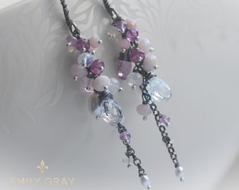 Pink Tourmaline Gemstone Tassel Earrings, Long Dangle Earrings with Pink Sapphire, Opal, Moonstone wire wrapped  in Oxidised Silver