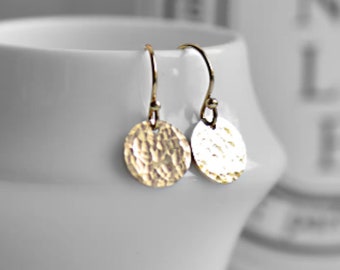 Hammered 14k Gold Fill Disc Earrings: Tiny Dangle Drop, Handmade